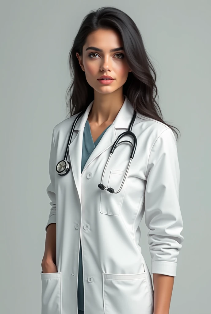 A woman wearing a white doctor vest. real woman. The race of the woman is Turkish. realistic