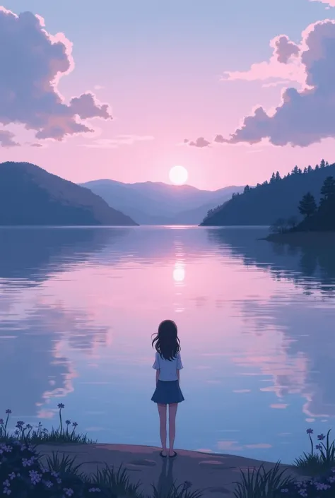 "Anime-style illustration of a serene lake at dusk with a soft pink and purple sky. Gentle ripples on the water reflect the fading light, creating a dreamy and nostalgic atmosphere. A lone female figure stands at the shore, gazing into the distance, lost i...