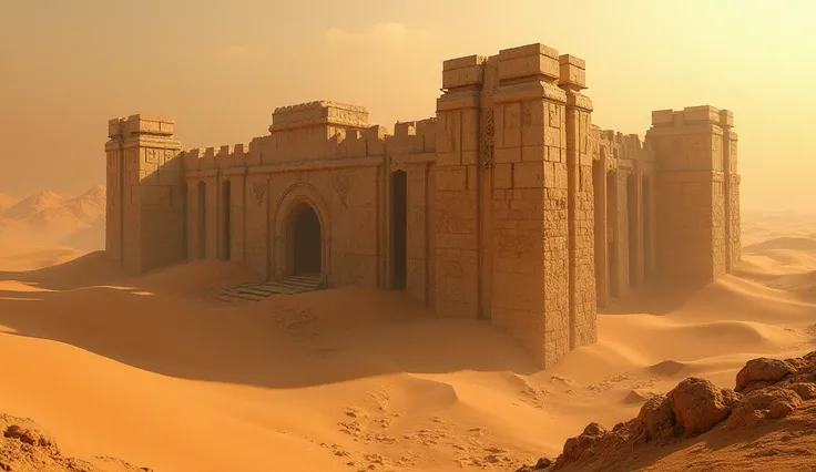 "The legendary lost city of Ubar with ancient stone ruins emerging from desert dunes."