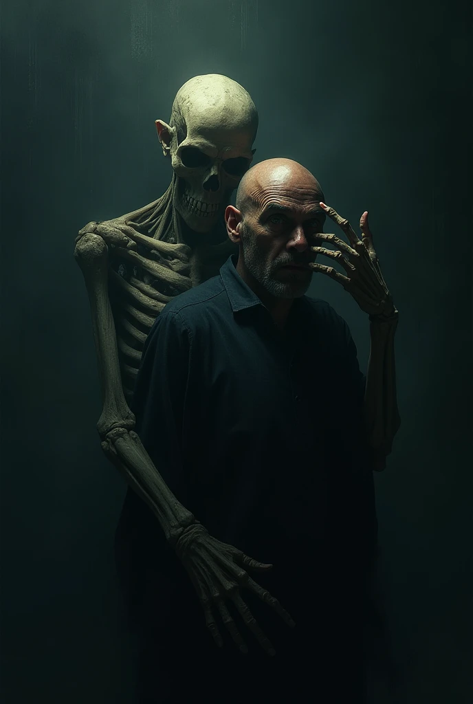 A man with a very skeleton whispers in his ear, but the skeleton is in the back.