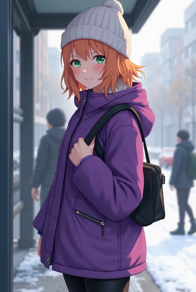 winter. The girl is standing at the bus stop,  short bright purple jacket ,  a small black leather bag ,  hand is located near the shoulder and holds the strap of the bag,  second hand in free position , white hat ,  light orange hair comes out from under ...