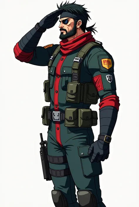 Side view profile of Metal gear solid snake, full black hair, black headband, eyepatch, facial hair, rugged red muffler, holsters and harnest, baggy navy green and red one piece jumpsuit with pouches and pockets and insignia on arm, rolled sleeves, single ...