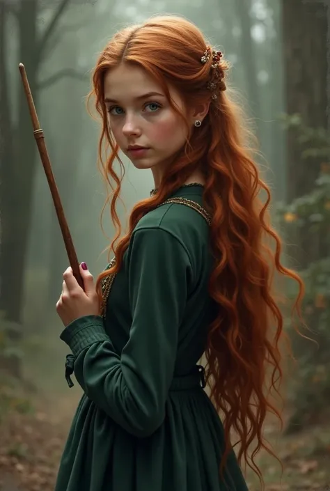 a girl with Eye colour: brown Hair colour: auburn Hairstyle: long, half up, half down at the back. Hair carries partway down her back .starts at around her lower back and goes up to just over the top of her head -her body is facing vaguely towards the view...