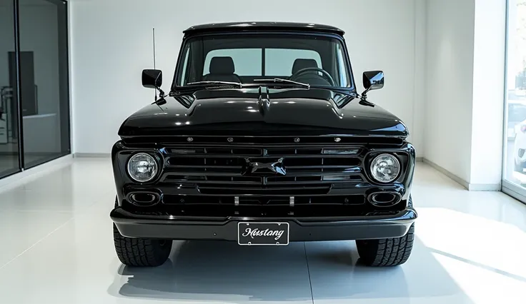 Full above view of painted black with shiny color 2025 Ford F-100 Vintage pickup truck in sleek in large shape with Ford logo on its large detailed grille in shiny balck color with angular sporty design captured from close full above view with modified sle...