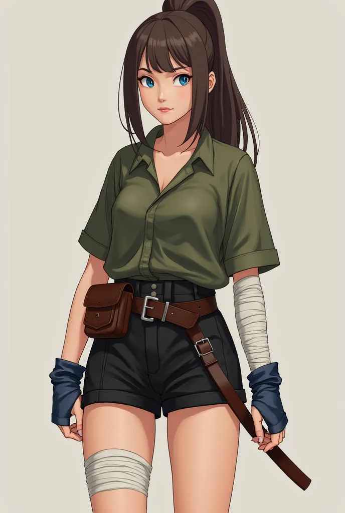 She was in black high-waisted shorts that ended at her mid-waist. A tucked in olive green shirt continued from there and loosely flowed down her arms but tightened into a sleeve at the middle of her forearms, her small feminine hands that were now covered ...