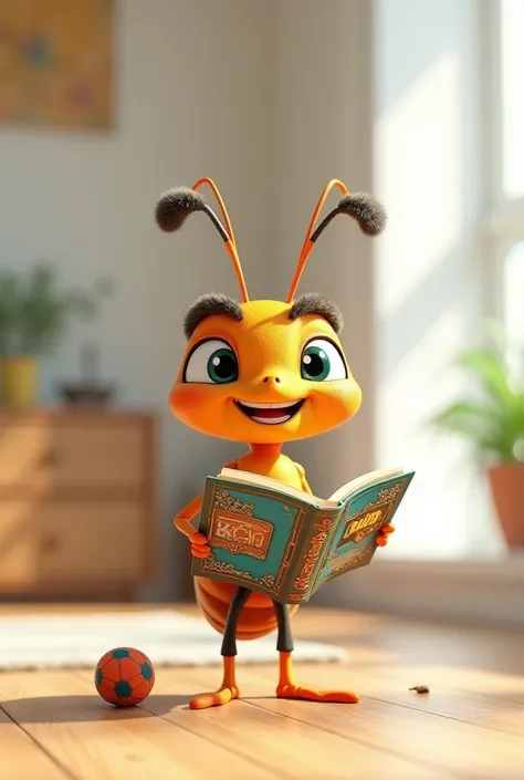 Cheerful modern ant reading a 3d cartoon book 