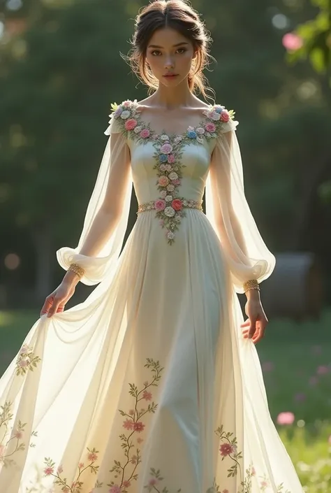 A long white dress with an embroidered collar with long sleeves and with small colorful flowers all over the dress