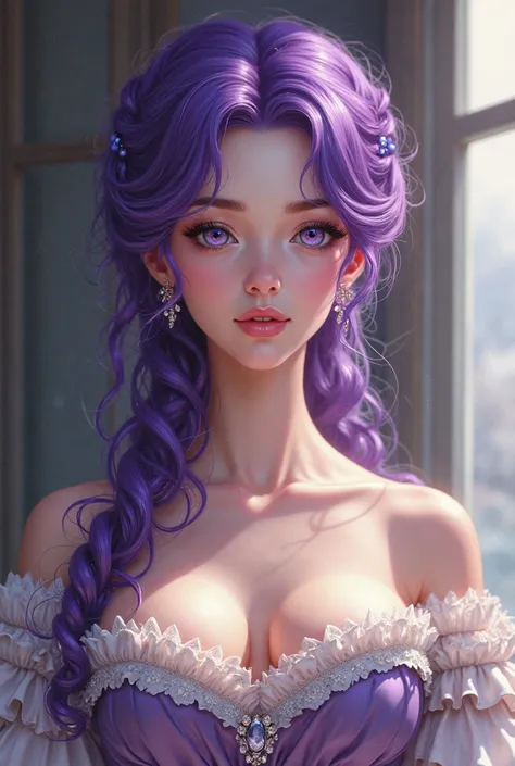 a beautiful mature woman with purple hair and white eyes that is dressed in classic 1800 dress in anime style