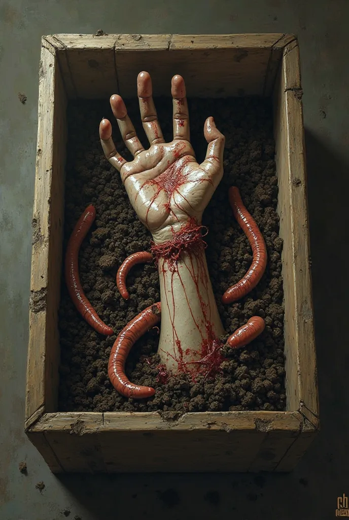 Mutilated hand in a box with soil and three worms 
