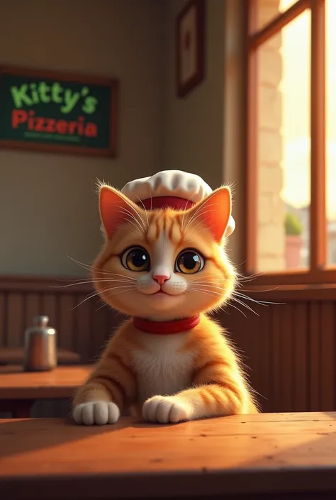 Video of a simple pizzeria,  With a sign written  " Kitty's Pizzeria ".
- The cat ,  wearing a pizzaiolo hat ,  is serving customers .  He seems a little tired ,  but still smiles .  He answers a table of human customers .
 - Narrator  ( Confident ):  “Onc...