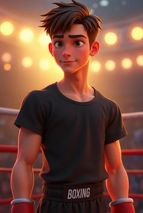  Pixar-style poster of a boxer boy, 20 years old, high, gordo, very short brown hair, medium-light eyes , black t-shirt and boxing shorts dress,  with some pretty face 