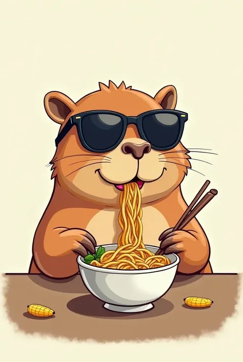 Capybara with dark glasses cartoon and eating a maruchan with corn 