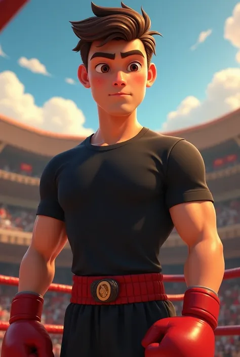  Pixar-style poster of a boxer boy, 20 years old, high, gordo, very short brown hair, medium-light eyes , black t-shirt and boxing shorts dress,  with some pretty face 