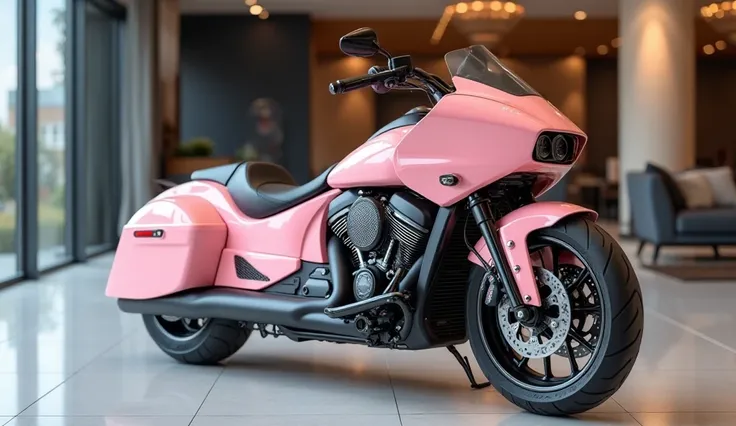 Realistic of futuristic 2026 Harley-Davidson LiveWire Maxi-Scooter
with modification, good looking, bright light pink color, back left view, parked in luxury showroom 
The background features a contemporary showroom setting with polished floors and natural...