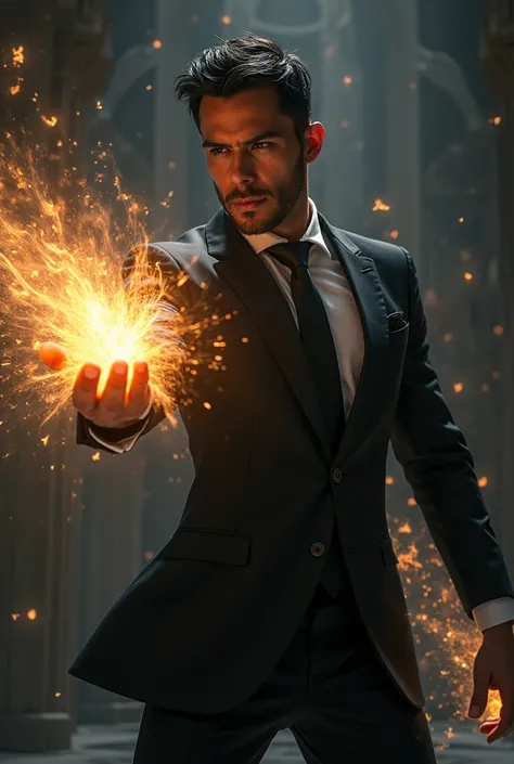 Tall and strong handsome Latino man with short hair and short beard wearing a black suit using light magic to fight