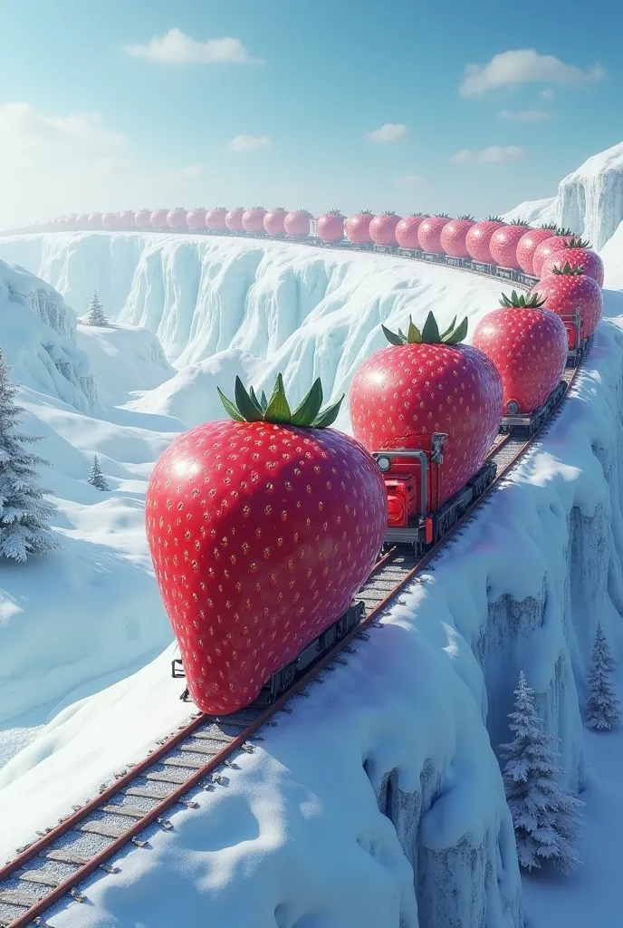 there was a train carrying giant strawberries running cross-ice upward over the hill 