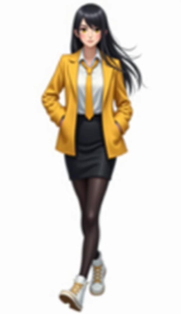 The young woman has a long black hair yellow eyes wear a yellow suit jacket, white shirt, yellow necktie, black pencil skirt, black underpants, long black tights, black socks, white sneakers high top.

She's walking and smile, her two hands in the pockets ...