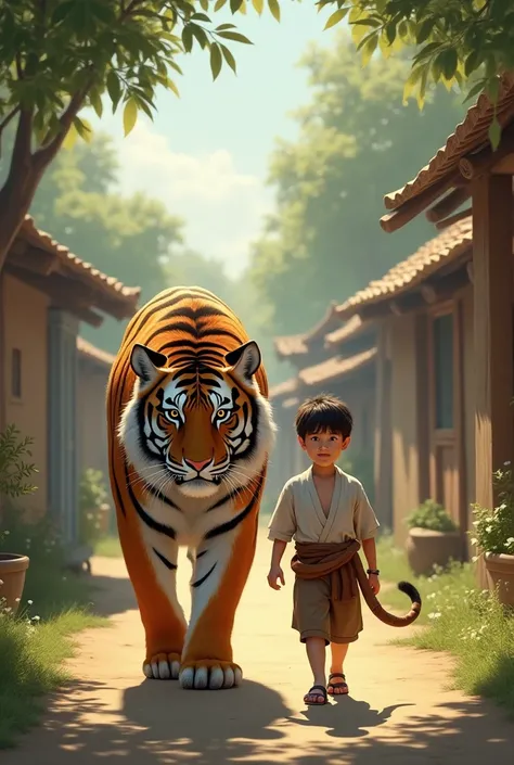 The young boy with the tiger on a walk in the village 