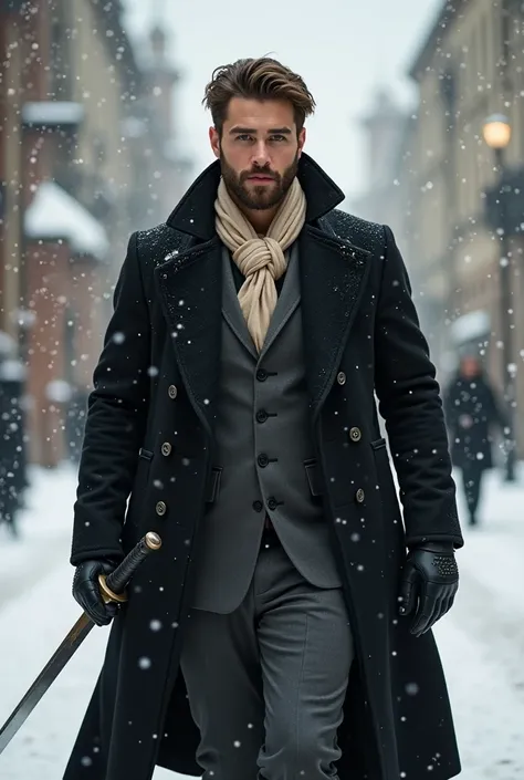 Tall and strong handsome man with brown hair with a short beard dressed in a black coat with a beige ascott scarf tied around his neck underneath and a suit underneath walking through snowy streets with a sword in his hand