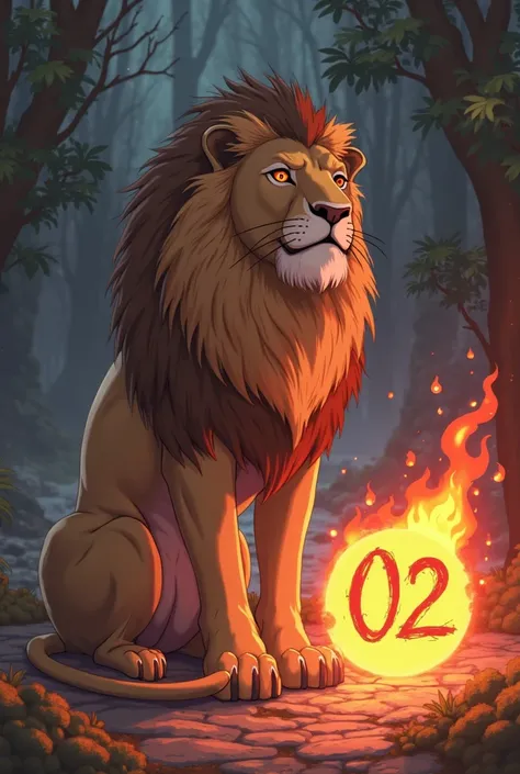 I would like to create a lion and a 02 next to it with a sitting lion and a tail with a flame
