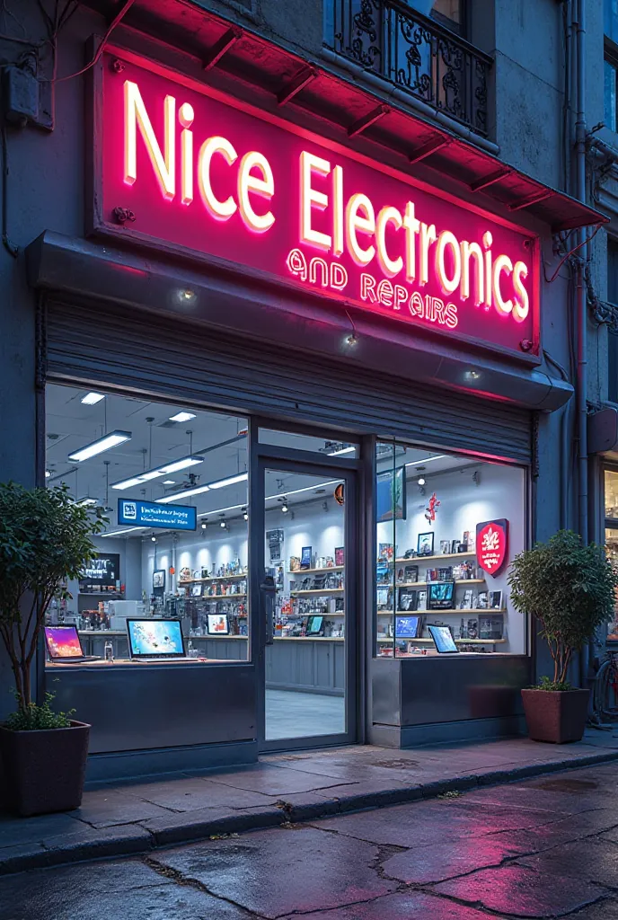 create an image of an Electronic shop written NICE ELECTRONICS AND REPAIRS