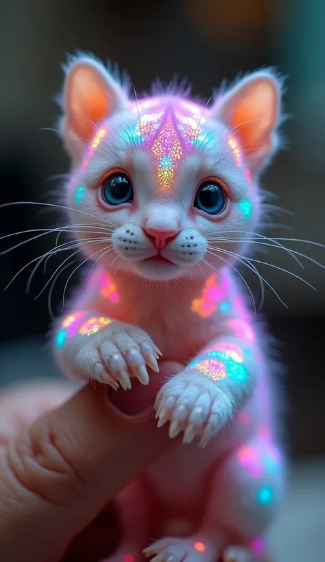  Macrophotograph with fantastic luminous patterns , a pocket version of a very small , cute, and petite fantasy creature depicted in a whimsical , ethereal style .  The creature has fluorescent pastel gradient wool with intricate patterns , , reminiscent o...