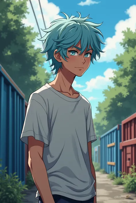 Hello, I would like to create a 20-year-old looking a little older with big hair where his hair is pulled closer to a bluish white, he is in a dumpster environment and his clothes are simple, I would also like his art style to be similar to an anime.