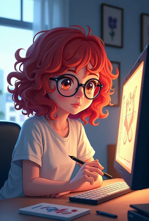 Draw a girl,  anime style, digital artist, holding a digital pen,  red curly hair,  wearing glasses, at home,  sitting in front of the computer .