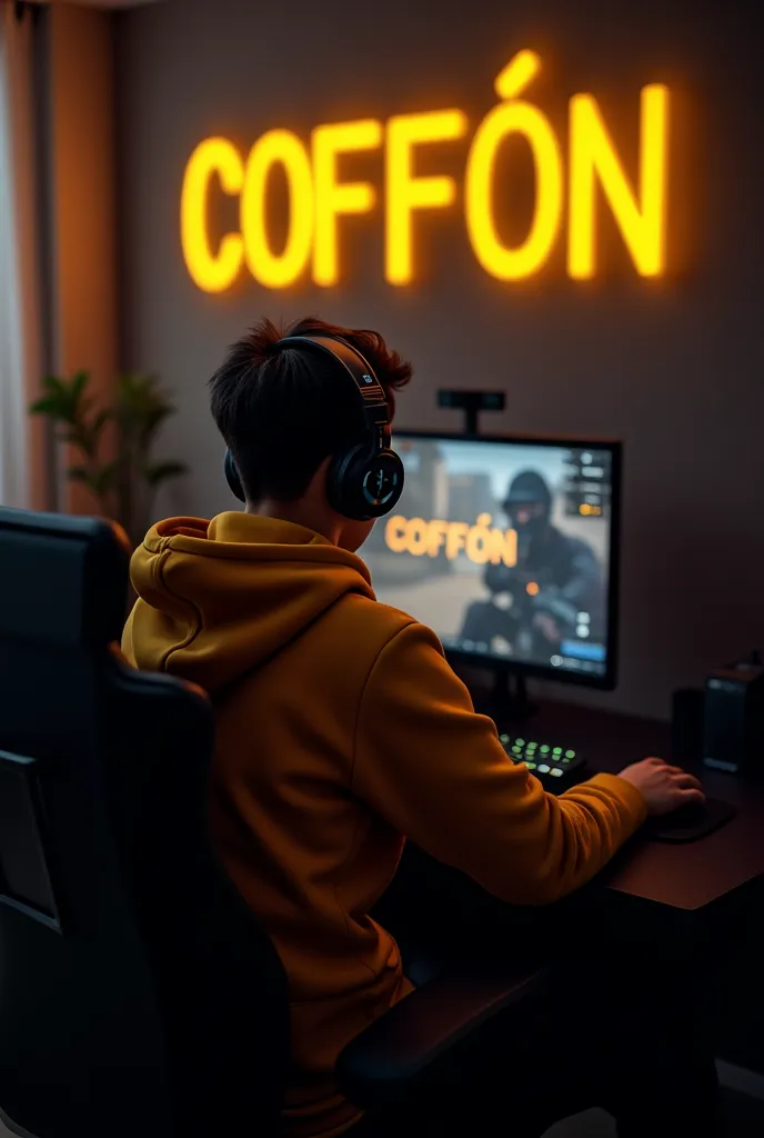 Create A 3D Realistic image of a Boy sitting in gaming room on gaming chair and playing on Free Fire application on his pc. The boy must wear dark yellow hoodie headphones And his name “COFFİN” is Written on the wall with yellow colour neon light.