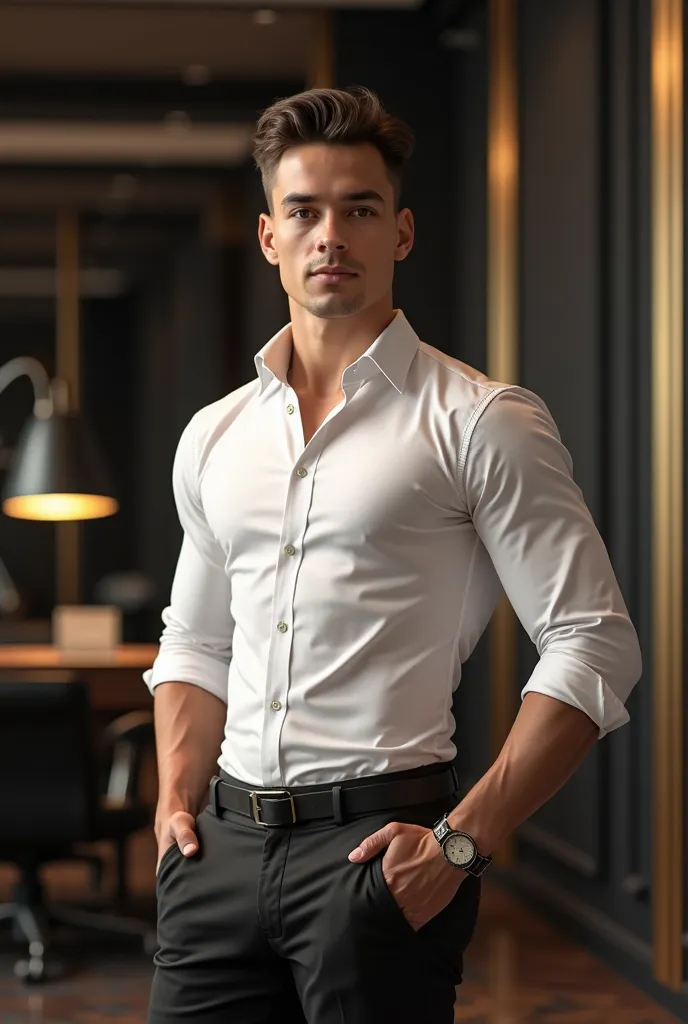  Generate an avatar realistic portrayal of a young boy successful entrepreneur , about 20 years,  with a physique sculpted thanks to calisthenics and highlights his toned physique .  A tight white shirt that highlights the muscles The surrounding environme...