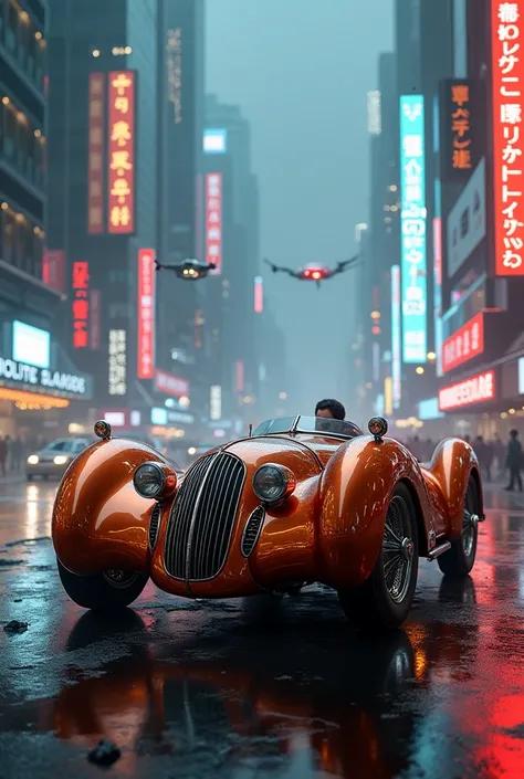 In the heart of a bustling futuristic cityscape, a vintage sports car stands as a masterpiece of retro-futuristic design. Its sleek, aerodynamic body is adorned with gleaming copper parts and intricate gear mechanisms, seamlessly blending the elegance of a...