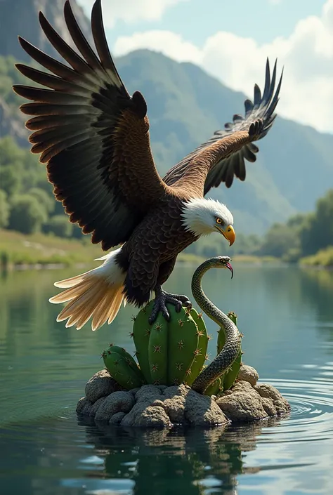 A fight between a big eagle, a small snake and a nopal all that in a lake