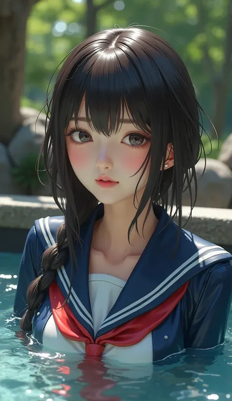 ((  best quality )), (( masterpiece)), (photo-realistic),  1 girl,( from below）、  best quality 、8k、  Award-winning work  、  super high resolution )、 ( Close up of the upper body of a female high school student in an outdoor hot spring wearing a sailor suit...