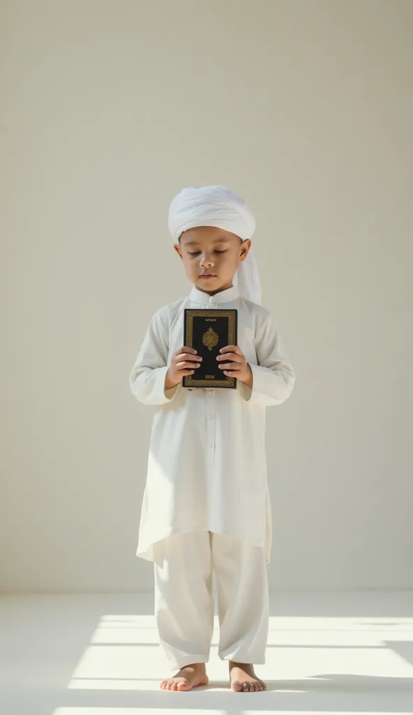 In a serene and peaceful setting, an  boy stands with a sense of reverence, dressed in a traditional white Islamic outfit that symbolizes purity and devotion. A white Muslim-style turban (pagri) adorns his head, completing his attire and reflecting his cul...