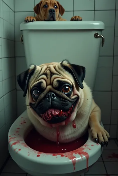 an evil pug eating poo out of a toilet while a sausage dog wacthes in horror