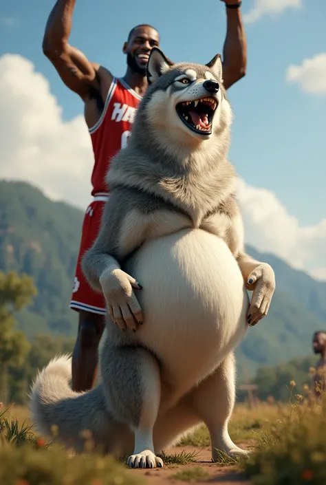  Pregnant wolf stands on two legs ,  happy pregnant wolf , wolf covered in hair ,  basketball player Leybron James stands behind him and yells with joy