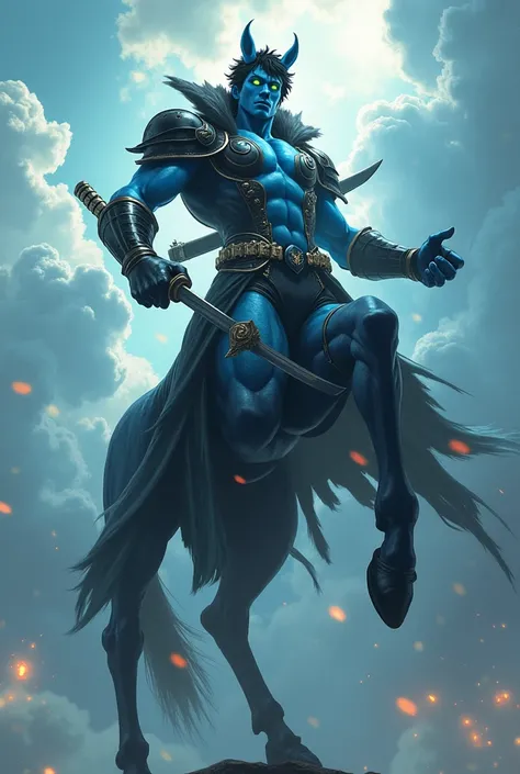 3-meter giant blue half-human centaur with short, black hair, green eyes, who wears a katana in his right hand and is flying while rays come out of the sky and wears a black leather suit with gold emblems