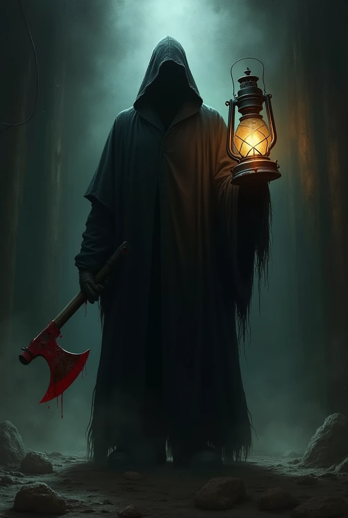 The executioner stands in the dark. He has a lantern in one hand and a bloody axe in the other