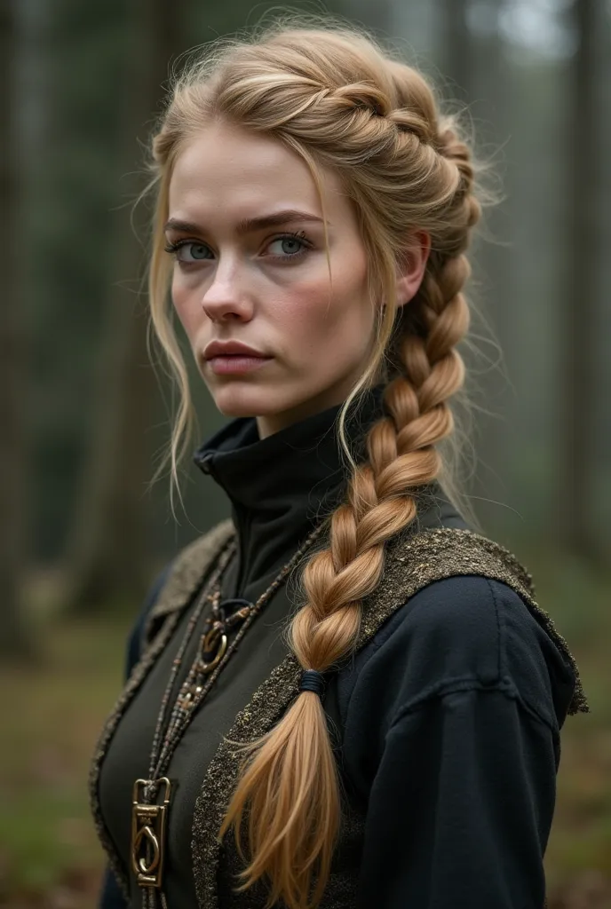 cxyna about , slim , brazowe oczy,  medium-length hair braided in a loose braid in the color of a very dark blonde,  dressed in a codienny stroj a bit like from a fantasy book,koniecznie w spodniach i ze sztyletem przy pasie z zacietym wyrazem twarzy 