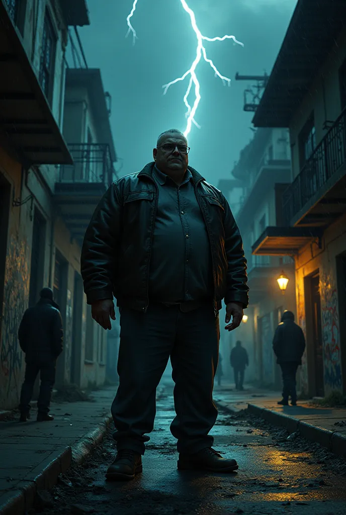  An overweight middle-aged man , lightning in the air ,  in a dark gang neighborhood.