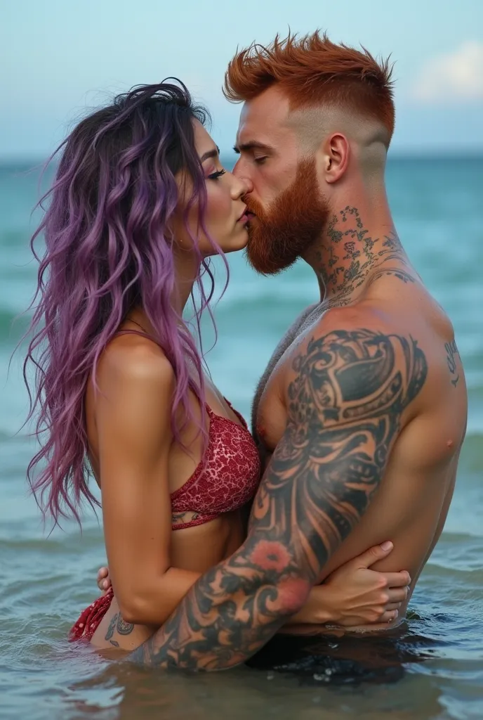 Back the ocean. A Beautiful tan Asian female with blue eyes, with long purple and pink hair, with couple of tattoos. Kissing in the water  a Caucasian male with tattoos, and yellow eyes with short red hair, and red beard With muscles. 