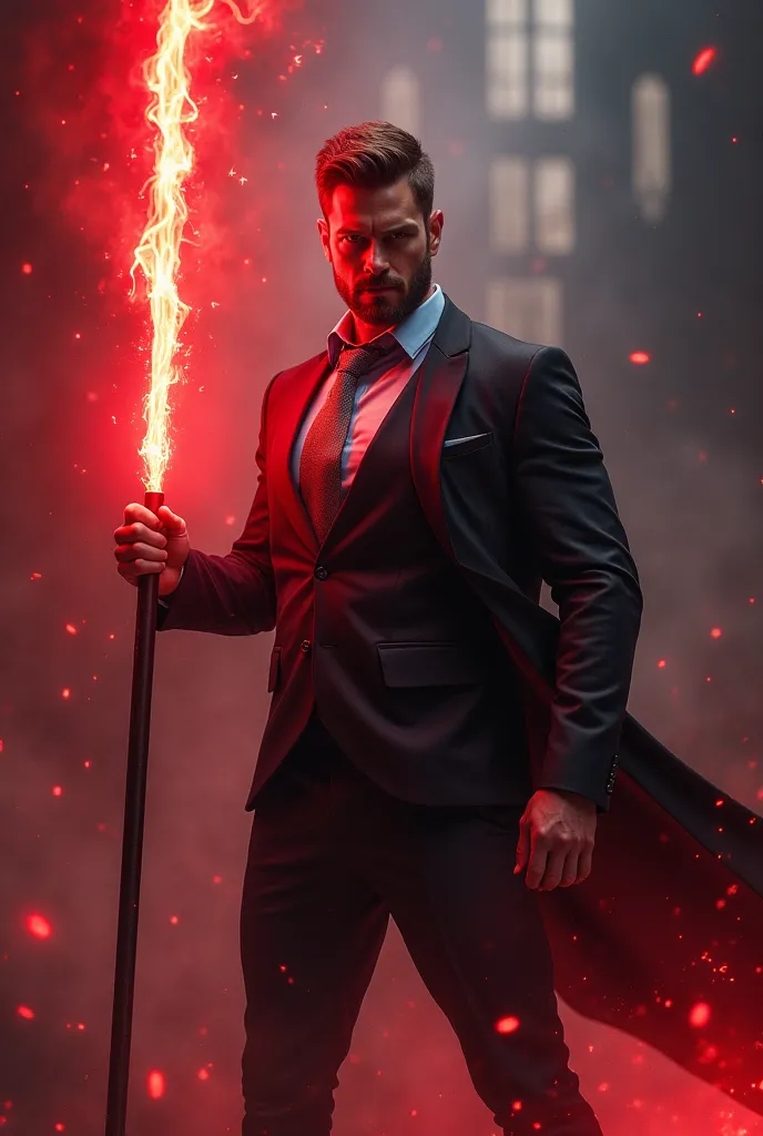 Handsome tall and strong white man with short brown hair with short beard wearing a black suit with a light blue shirt and silver tie bewitching a spear with red light magic in combat posture