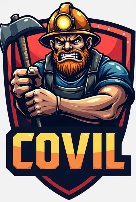 Vector logo in the style of a gamer sports mascot, inspired by college athletics and e-sports teams. A strong, fierce-looking miner with an intense expression, wearing a helmet with a lantern, gripping a powerful pickaxe. The character is placed over a bol...