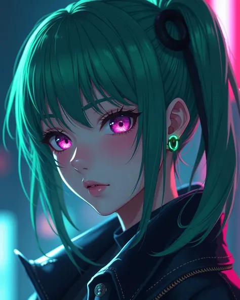  a close up of a person with green hair and a jacket, seductive  anime girl , anime girls,  oppai cyberpunk, extremely detailed art, detailed digital anime art,  anime vibes ,  anime girl , nightcore,  digital anime art,  pretty girl with purple hair , 4K ...