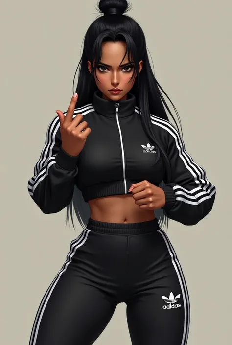 Girl,  black hair with bun on top, Oval face, ripped eyes black ,  Brown skin,  adidas training suit ,  with middle finger standing  🖕