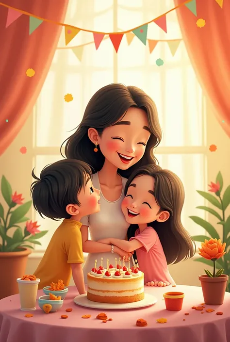 Disney-style animation of a Carmen happy birthday card with a family of three. a mom,  a daughter and a son. All dark-haired and medium build