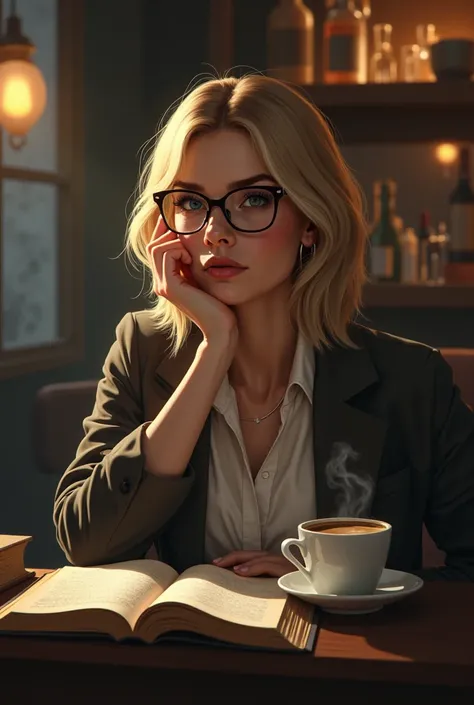 30-year-old blonde woman with glasses and likes to read in a bar over coffee with a book