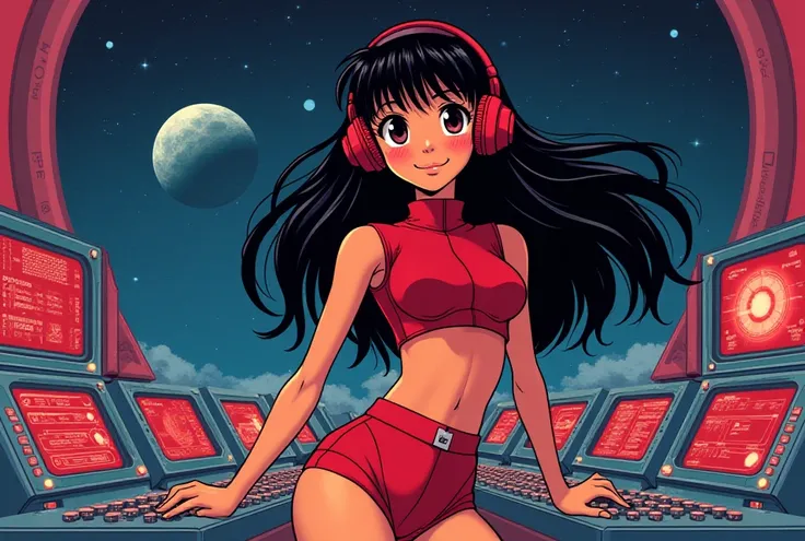 Image is a vibrant, retro-style anime illustration featuring a female character in a futuristic setting. The character has long, flowing black hair and is wearing large red headphones. Her skin is a warm tone, and she has large, expressive eyes with a conf...