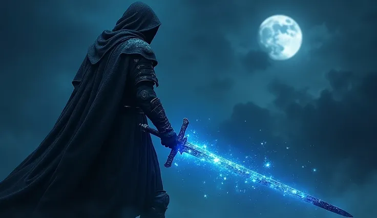 A warrior cloaked with a cape made of dark energies, underneath the cloak he has a black light armor, the warrior fights alone, his sword is a dark blue and its blade looks like the universe, the words has symbols that shine, night time, medieval fantasy, ...