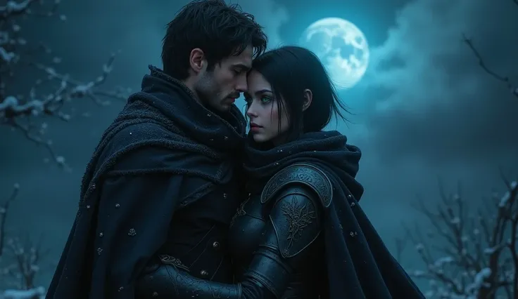 A warrior cloaked with a cape made of dark energies, underneath the cloak he has a black light armor, a girl with dark short hair and green eyes, she has light rogue armor, night time, medieval fantasy, moon shines dark blue